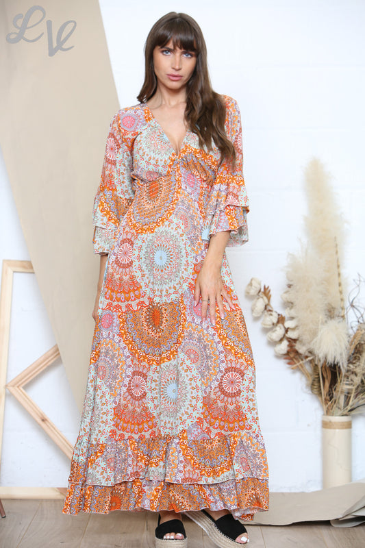 Maxi-jurk voor dames met paisleyprint oranje