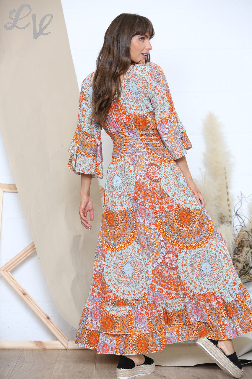 Ladies Paisley Print Maxi Dress Orange