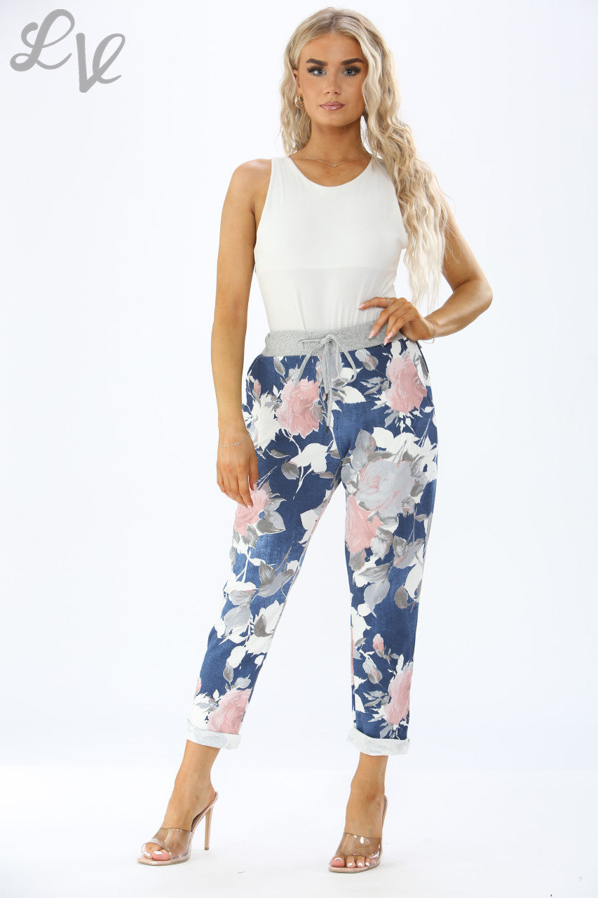 FLORAL ROSE MIX PRINT JOGGING PANT TROUSERS - DENIM