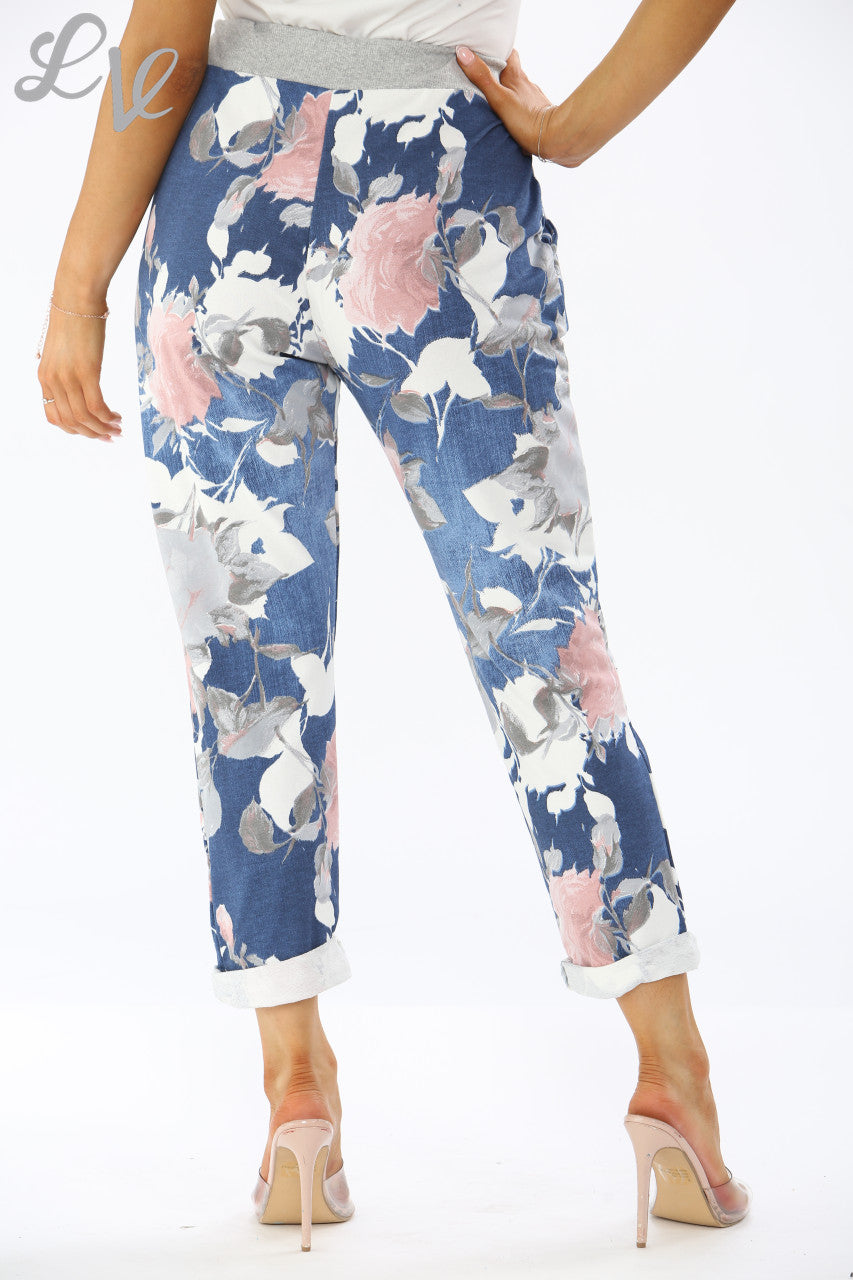 FLORAL ROSE MIX PRINT JOGGING PANT TROUSERS - DENIM