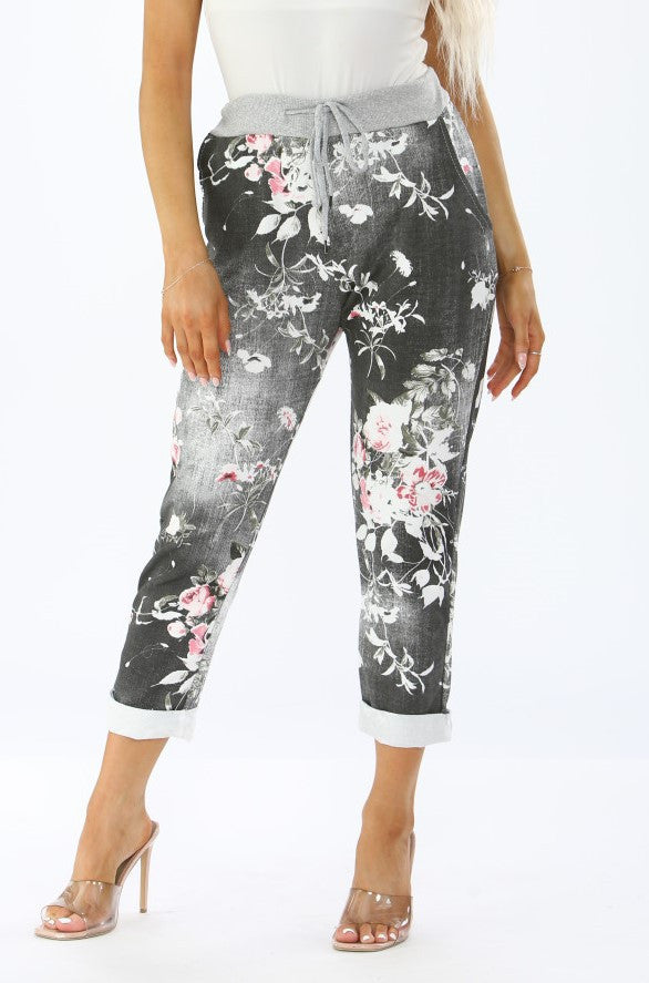 JOGGINGBROEK MET BLOEMENPRINT - GRIJS