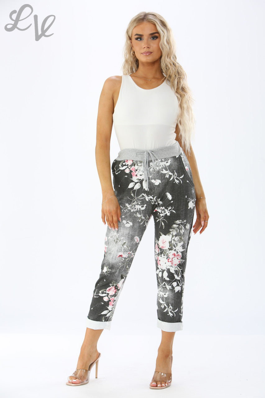 JOGGINGBROEK MET BLOEMENPRINT - GRIJS