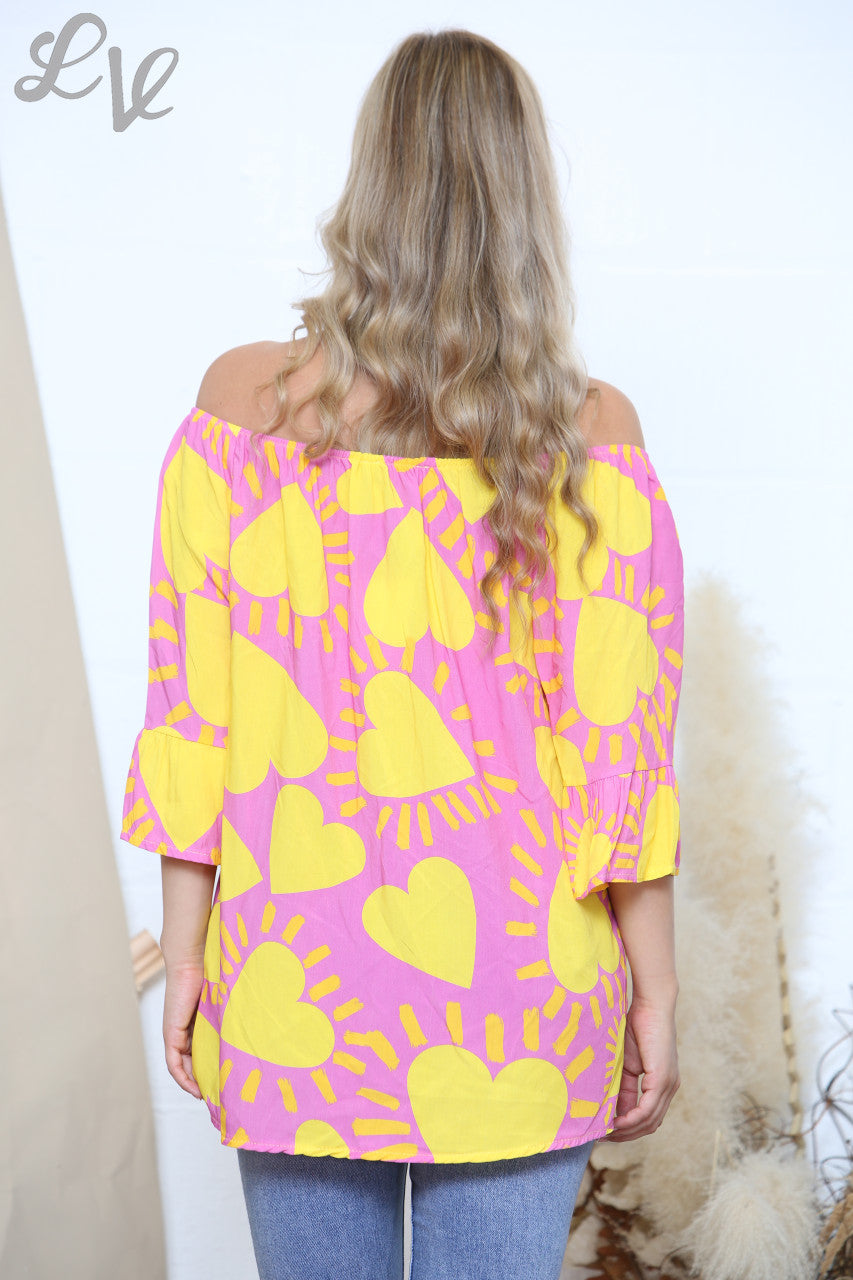 Ladies Heart Print Bardot Top Pink & Yellow