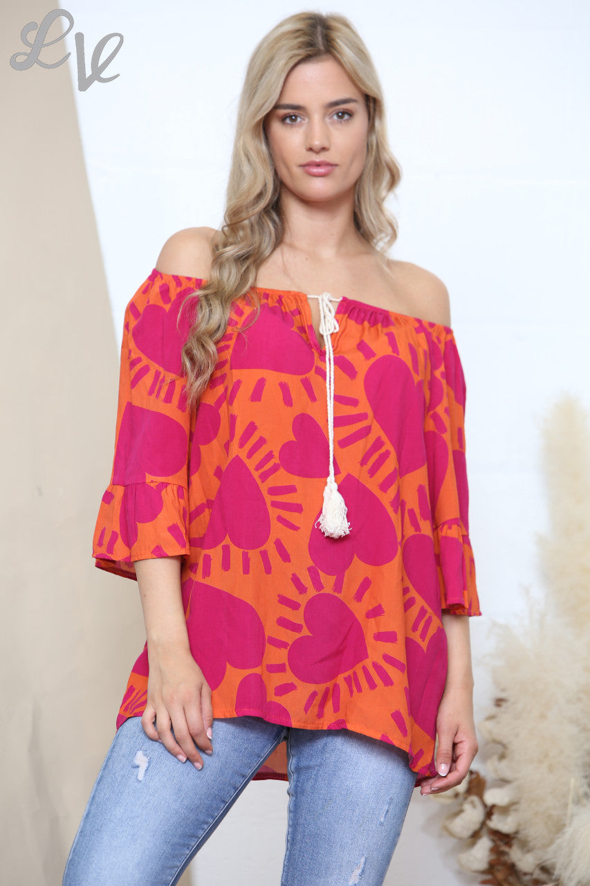Ladies Heart Print Bardot Top Orange & Cerise