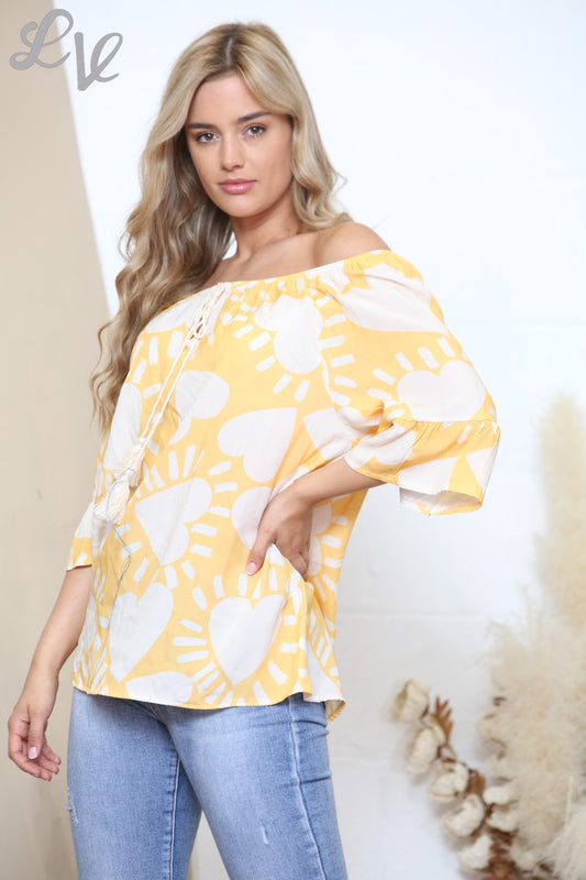 Ladies Heart Print Bardot Top Yellow & White
