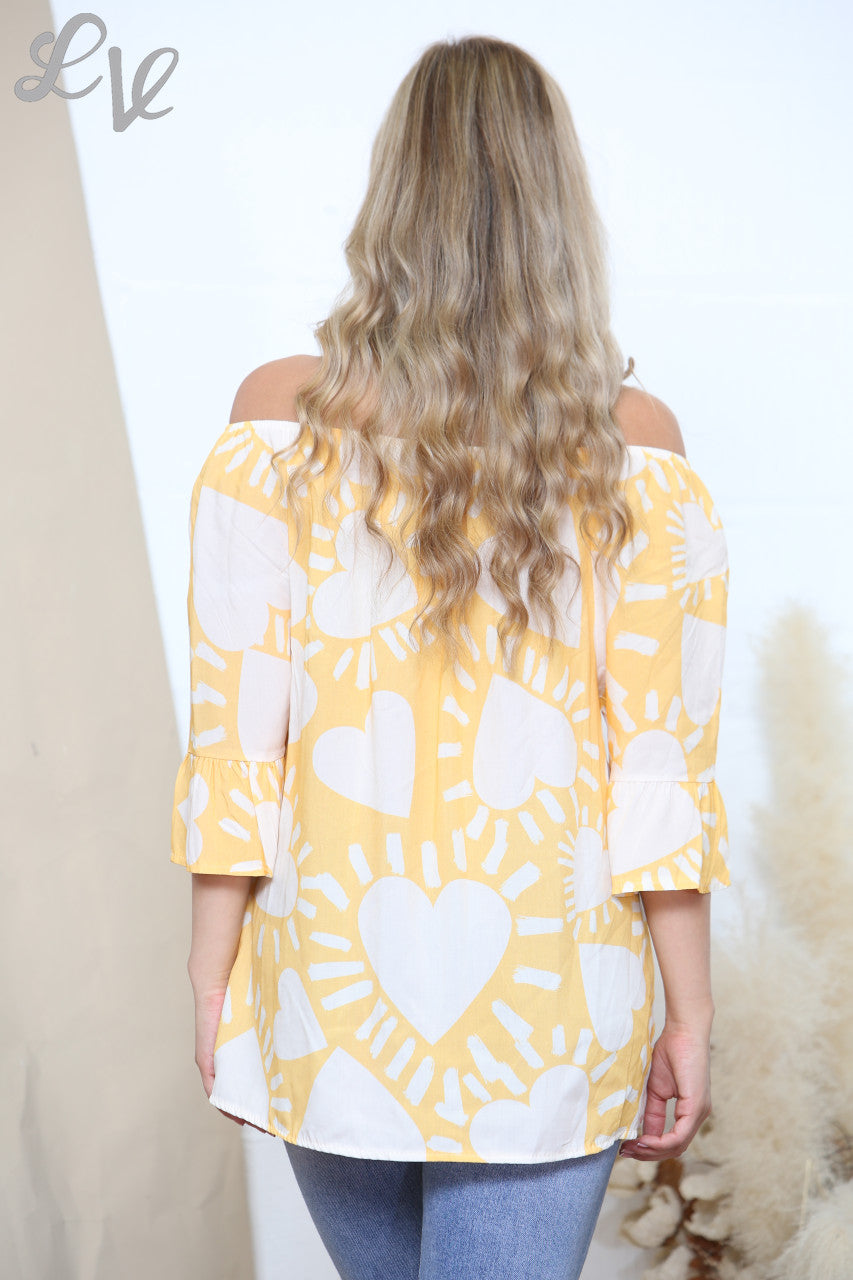 Dames Bardot-top met hartenprint Geel & Wit