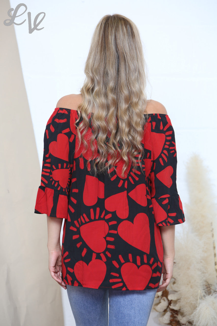 Ladies Heart Print Bardot Top Black & Red