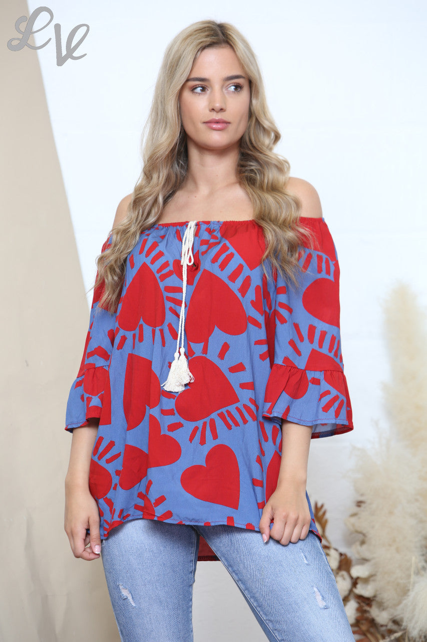Ladies Heart Print Bardot Top Denim & Red