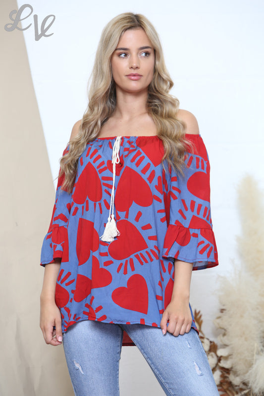 Ladies Heart Print Bardot Top Denim & Red