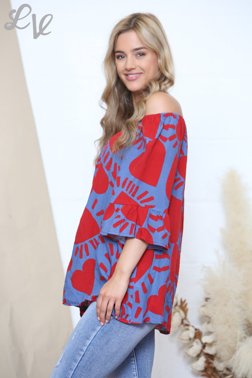 Ladies Heart Print Bardot Top Denim & Red