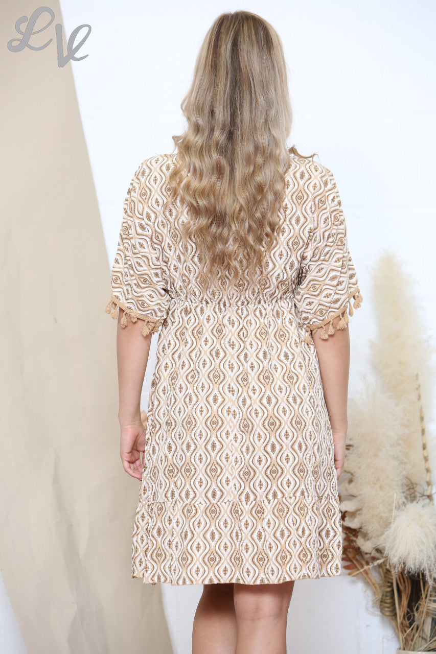 Ladies Aztec Print Tie Front Tassel Detail Dress Tan