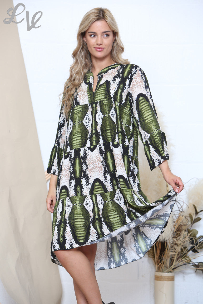 Ladies Reptile Print Tunic Smock Dress Khaki