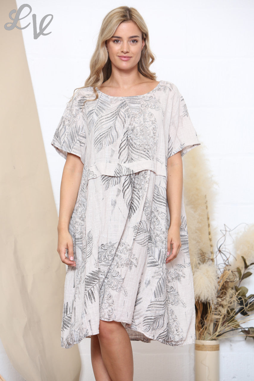 Ladies Short Sleeve Palm Print Dress Stone