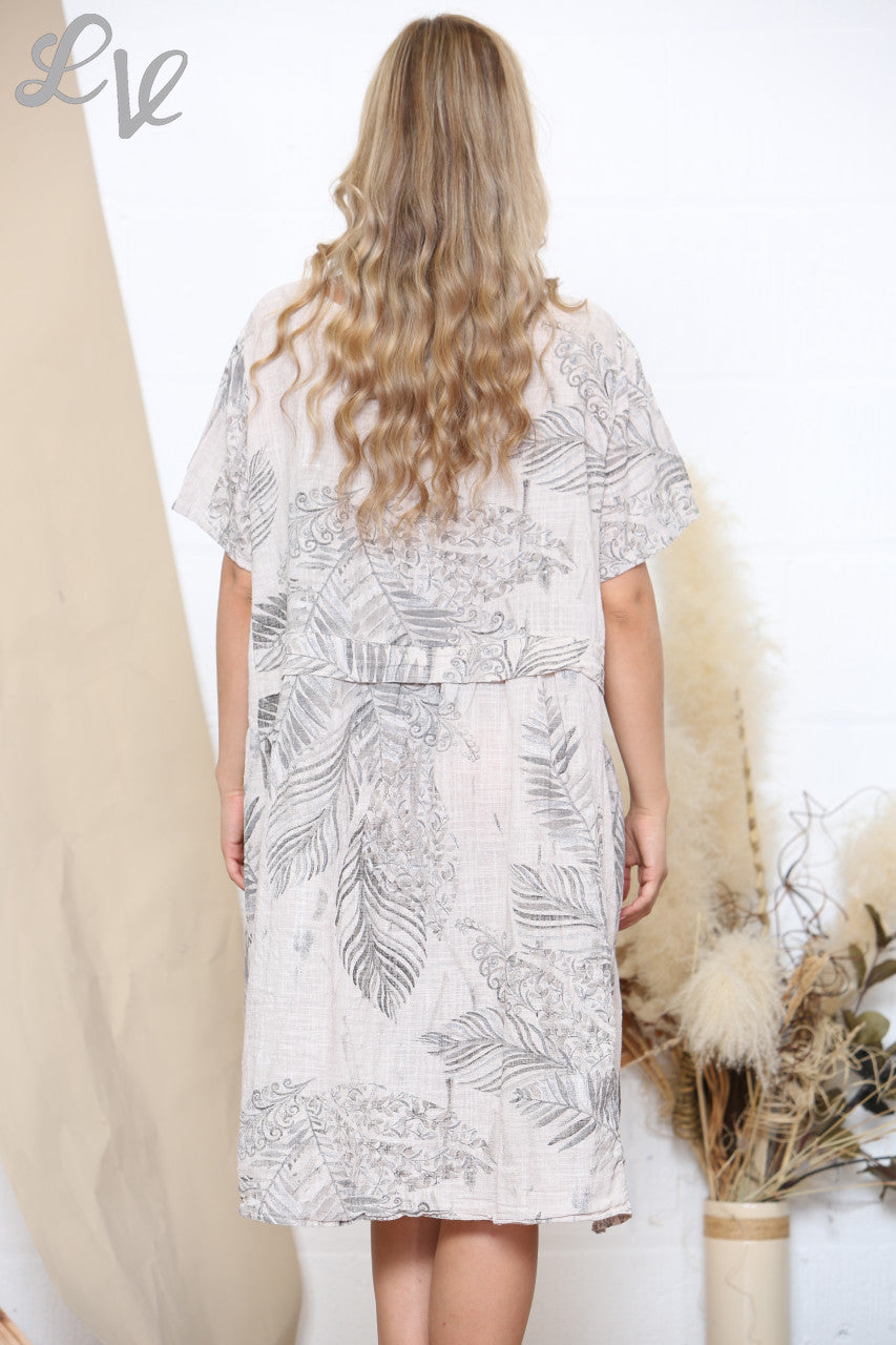 Ladies Short Sleeve Palm Print Dress Stone