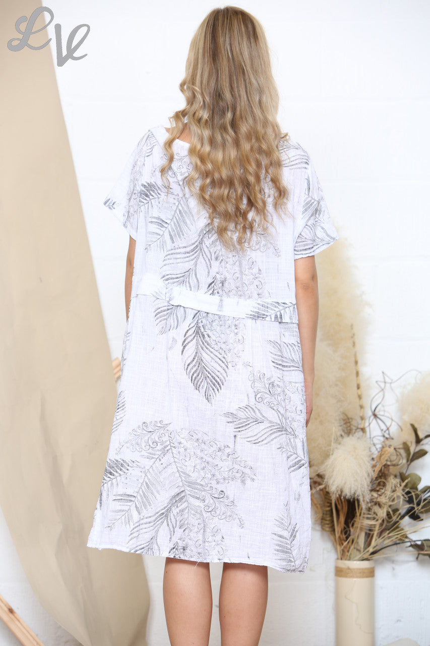 Damesjurk met korte mouwen en palmbomenprint wit