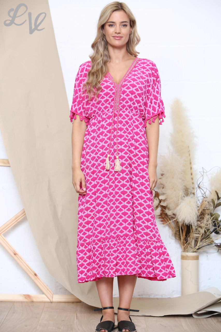 Dames Maxi Jurk met Print, Strikceintuur en Kwastjes, Cerise