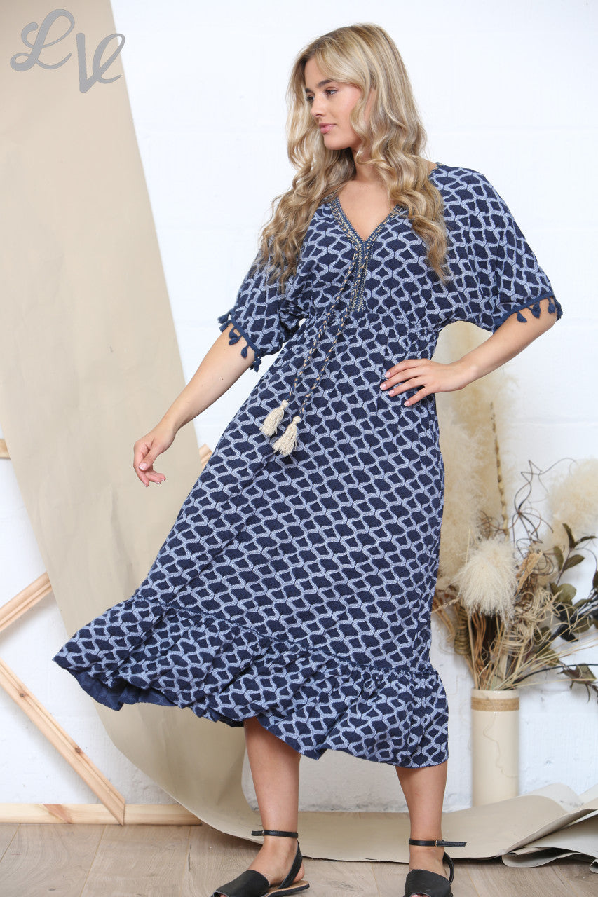Dames Maxi-jurk met print, strikceintuur en kwastjes in marineblauw