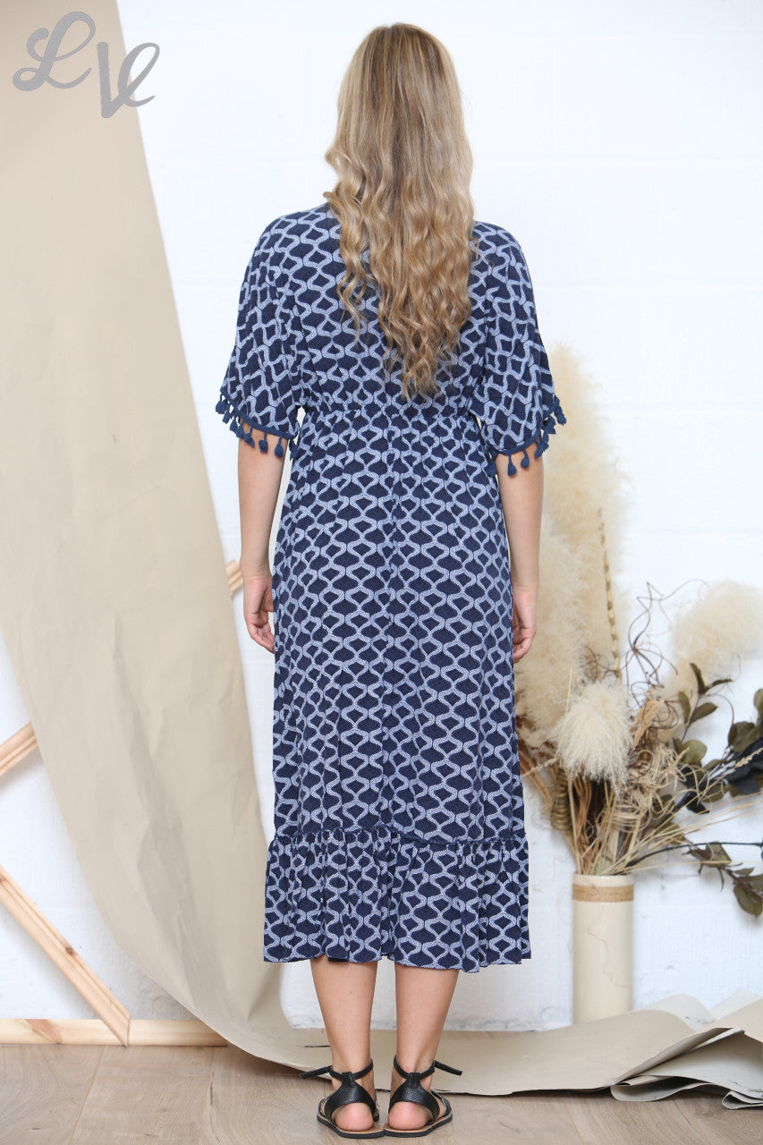 Dames Maxi-jurk met print, strikceintuur en kwastjes in marineblauw