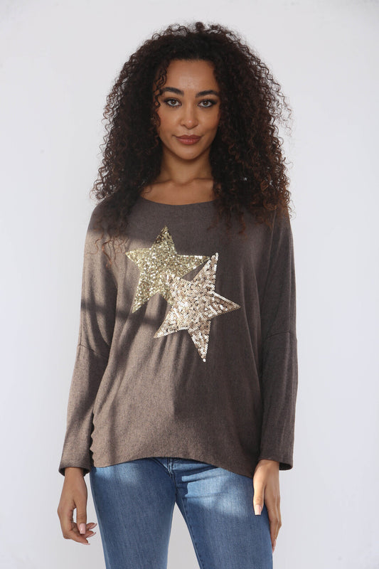 SEQUIN DOUBLE STARS SPARKLE FINE KNIT JUMPER TOP BROWN