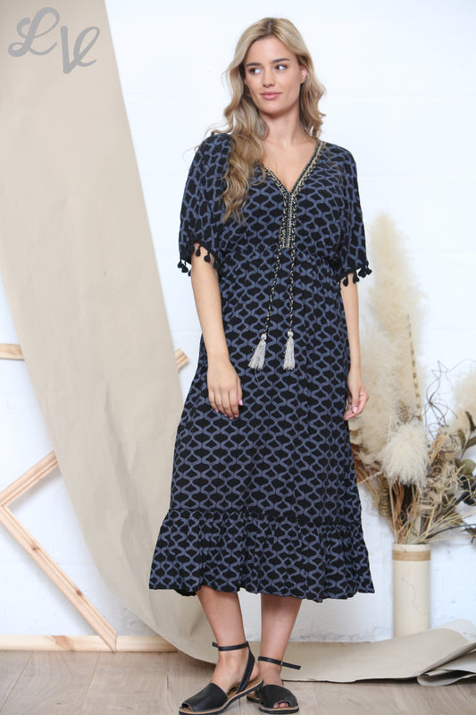 Dames Maxi Jurk met Strik en Kwastjes Zwart