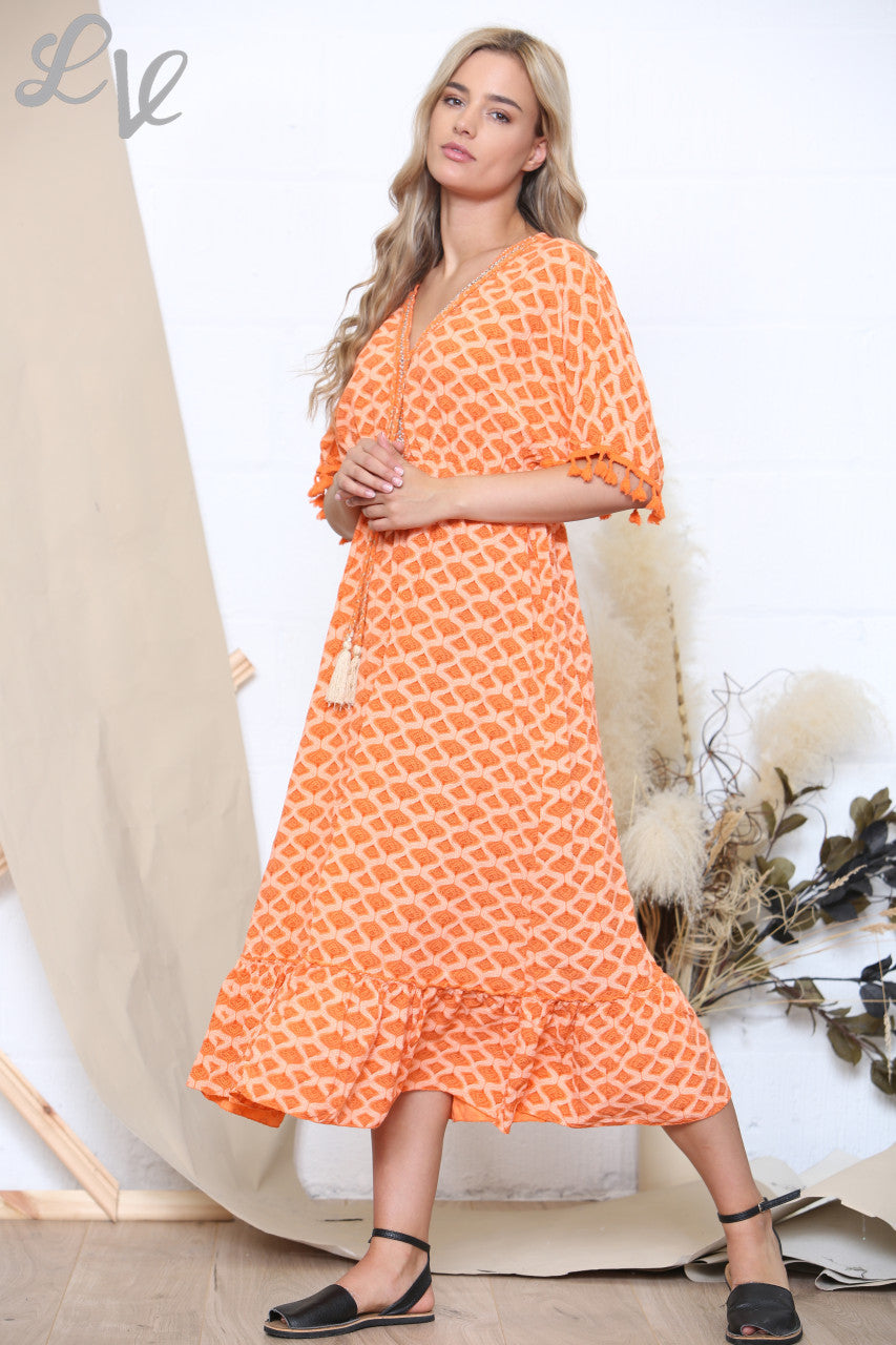 Ladies Print Tie Front Tassel Detail Maxi Dress Orange