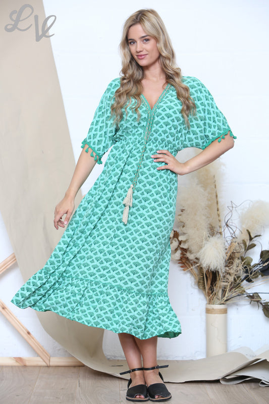 Dames Maxi Jurk met Strikceintuur, Kwastjes en Print Groen