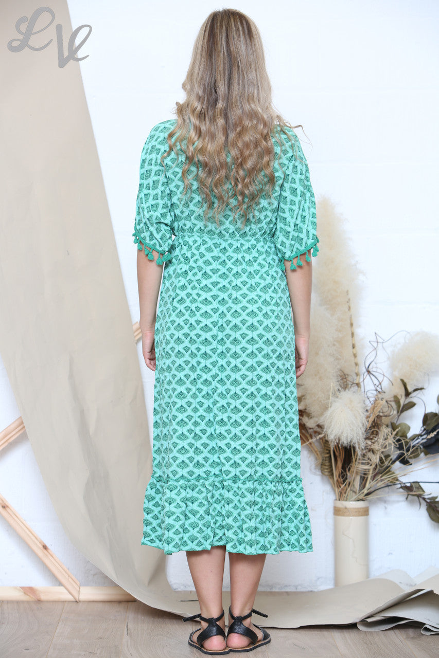 Ladies Print Tie Front Tassel Detail Maxi Dress Green