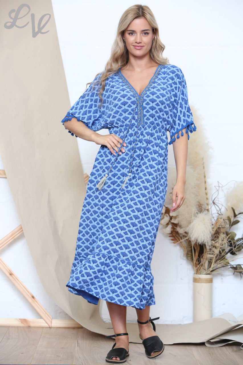Ladies Print Tie Front Tassel Detail Maxi Dress Royal Blue