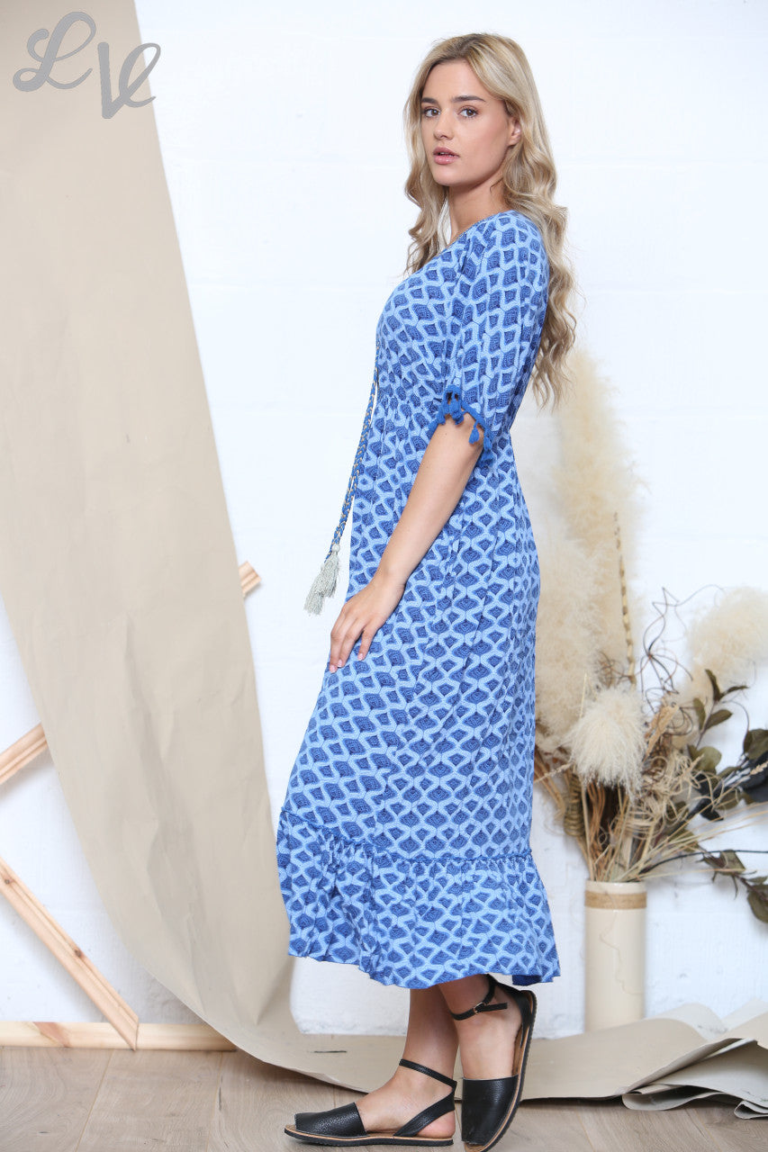 Ladies Print Tie Front Tassel Detail Maxi Dress Royal Blue