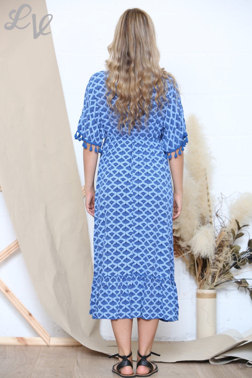 Ladies Print Tie Front Tassel Detail Maxi Dress Royal Blue