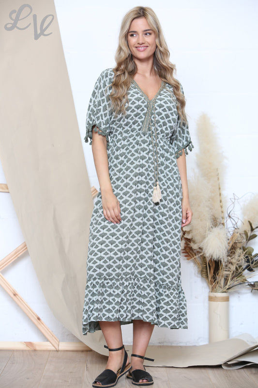Dames Maxi Jurk met Print, Strikbandje aan de Voorkant en Kwastjes, Kaki