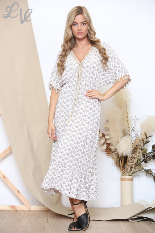 Dames Maxi Jurk met Print, Strikceintuur en Kwastjes Steenkleurig