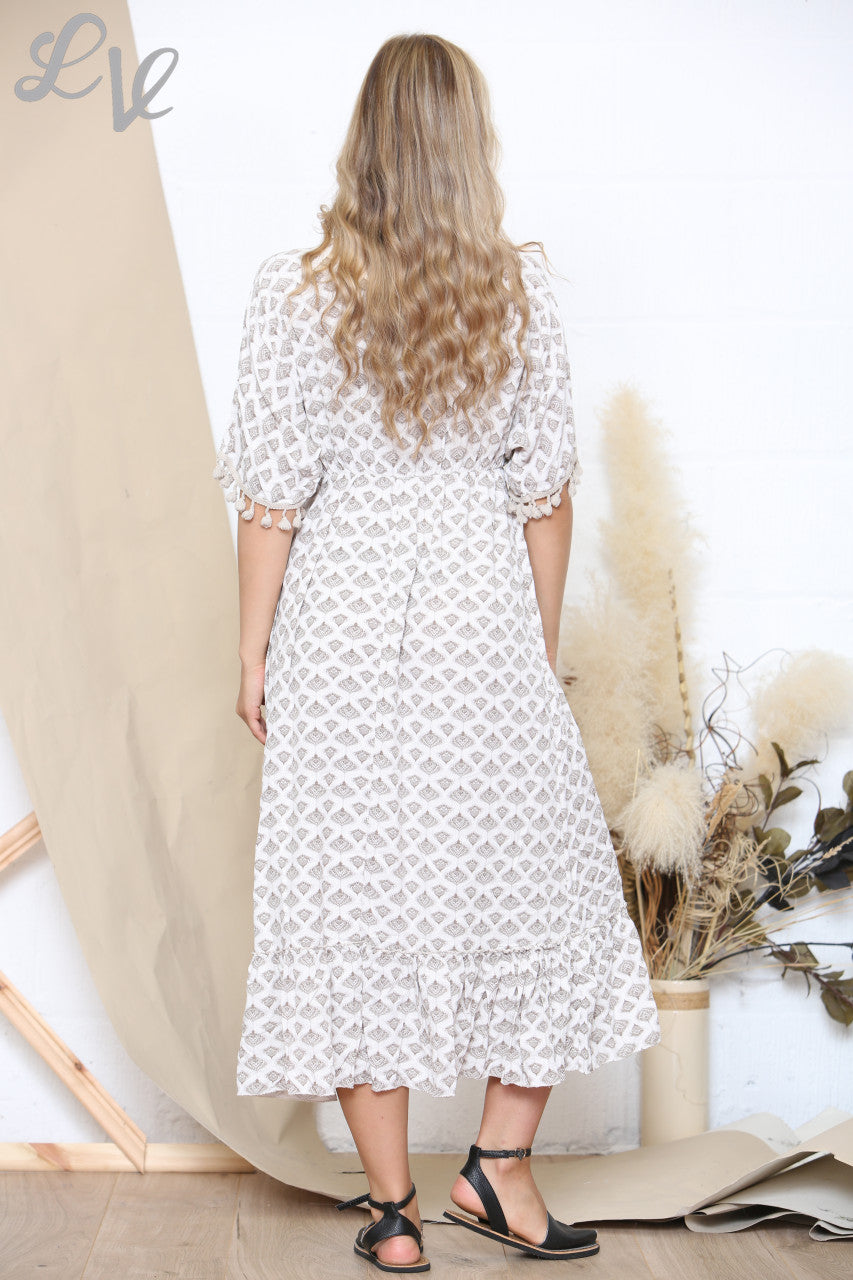Ladies Print Tie Front Tassel Detail Maxi Dress Stone
