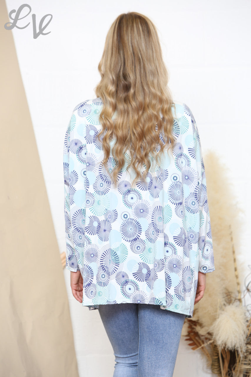 Ladies Abstract Print Open Cardigan Blue