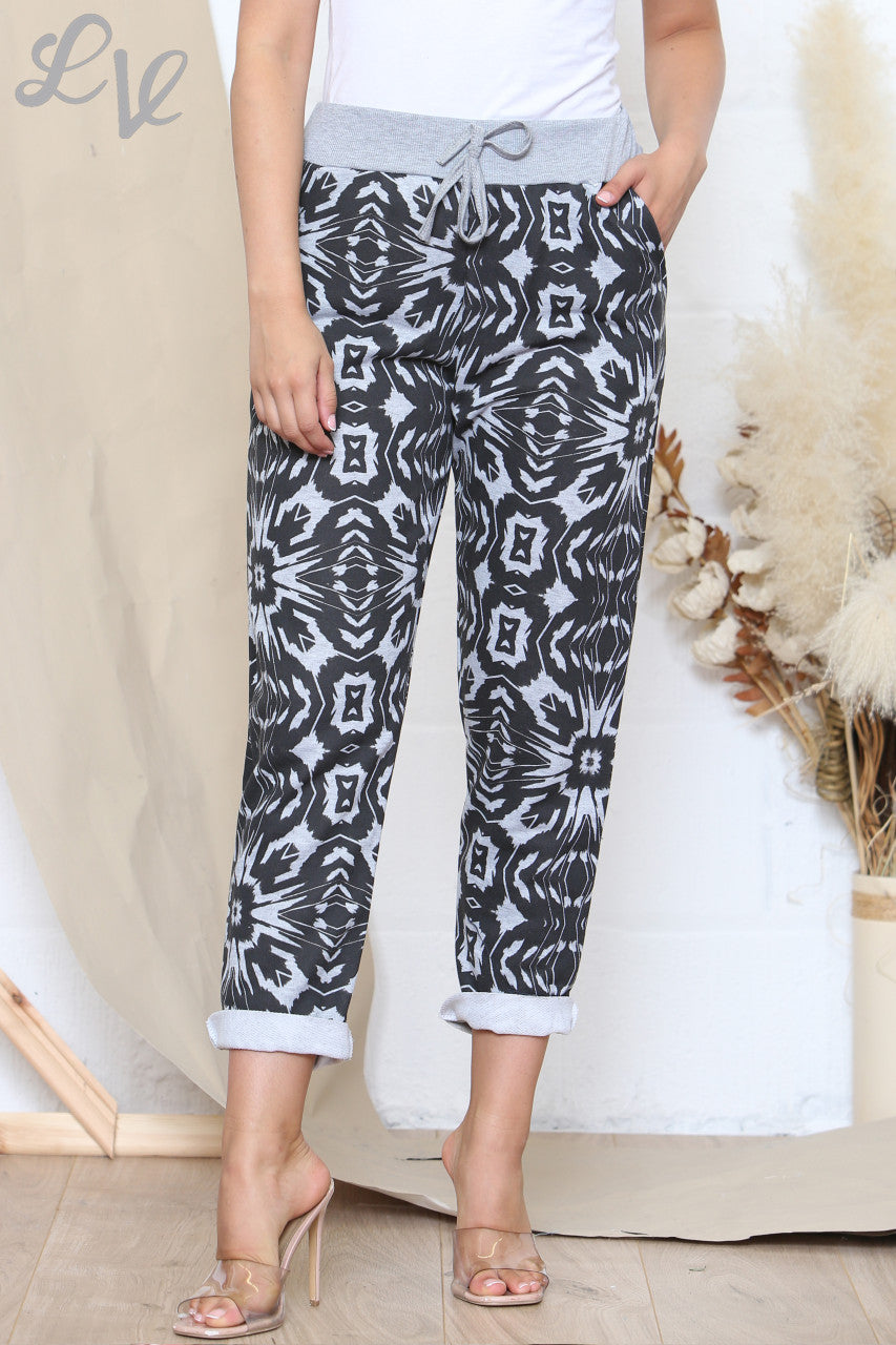 Ladies Plus Size Printed Jogging Trousers With Grey Waistband Grey