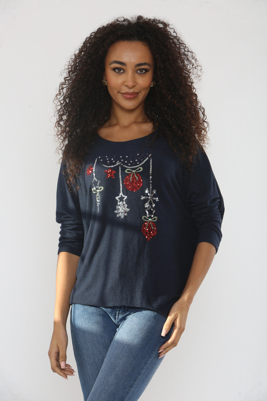 SEQUIN BAUBLES SPARKLE FINE KNIT JUMPER TOP NAVY