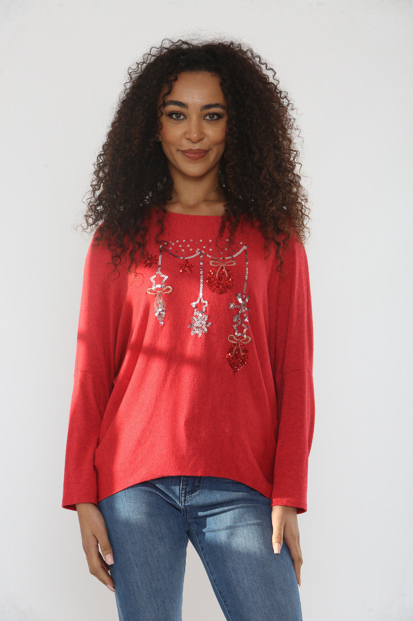 SEQUIN BAUBLES SPARKLE FINE KNIT JUMPER TOP RED