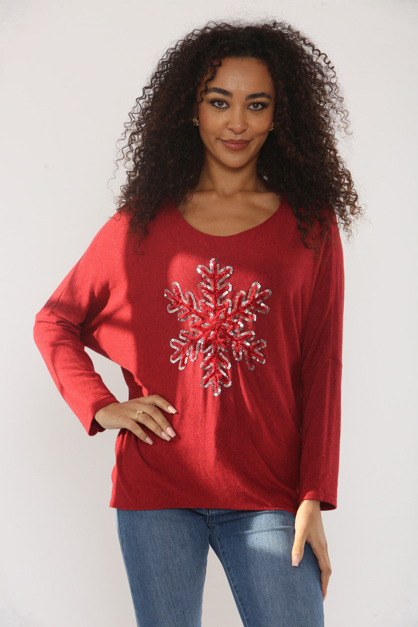 SEQUIN SNOWFLAKE SPARKLE FINE KNIT JUMPER TOP WINE