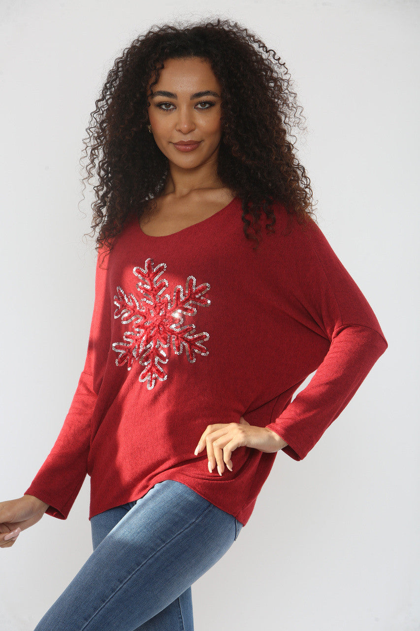 SEQUIN SNOWFLAKE SPARKLE FINE KNIT JUMPER TOP WINE