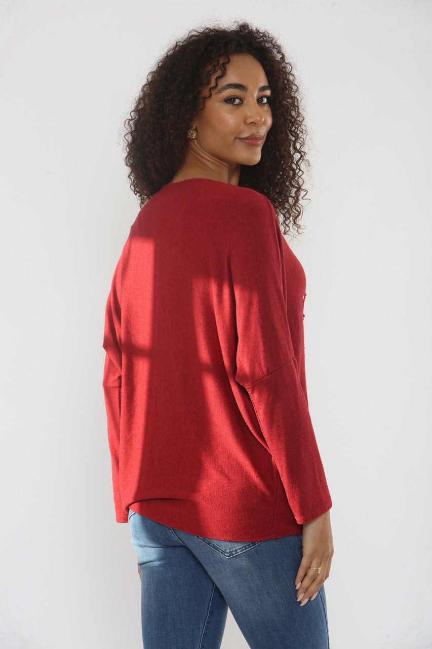 SEQUIN SNOWFLAKE SPARKLE FINE KNIT JUMPER TOP WINE