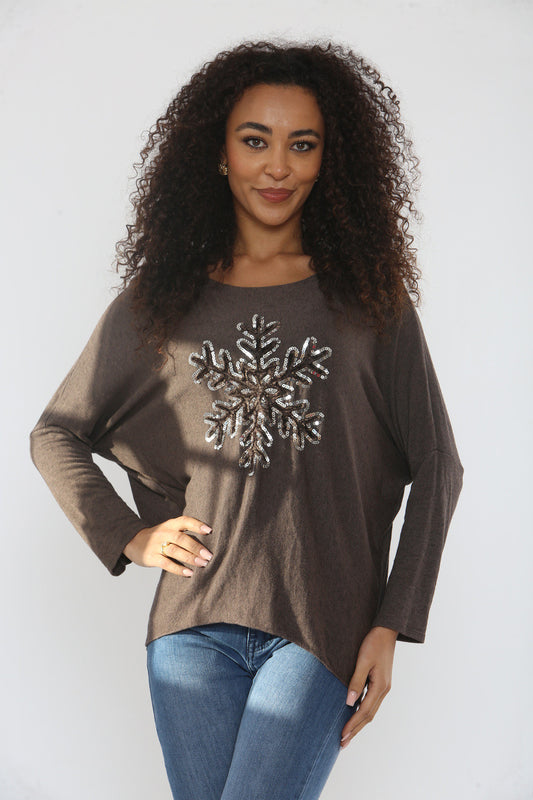 SEQUIN SNOWFLAKE SPARKLE FINE KNIT JUMPER TOP BROWN