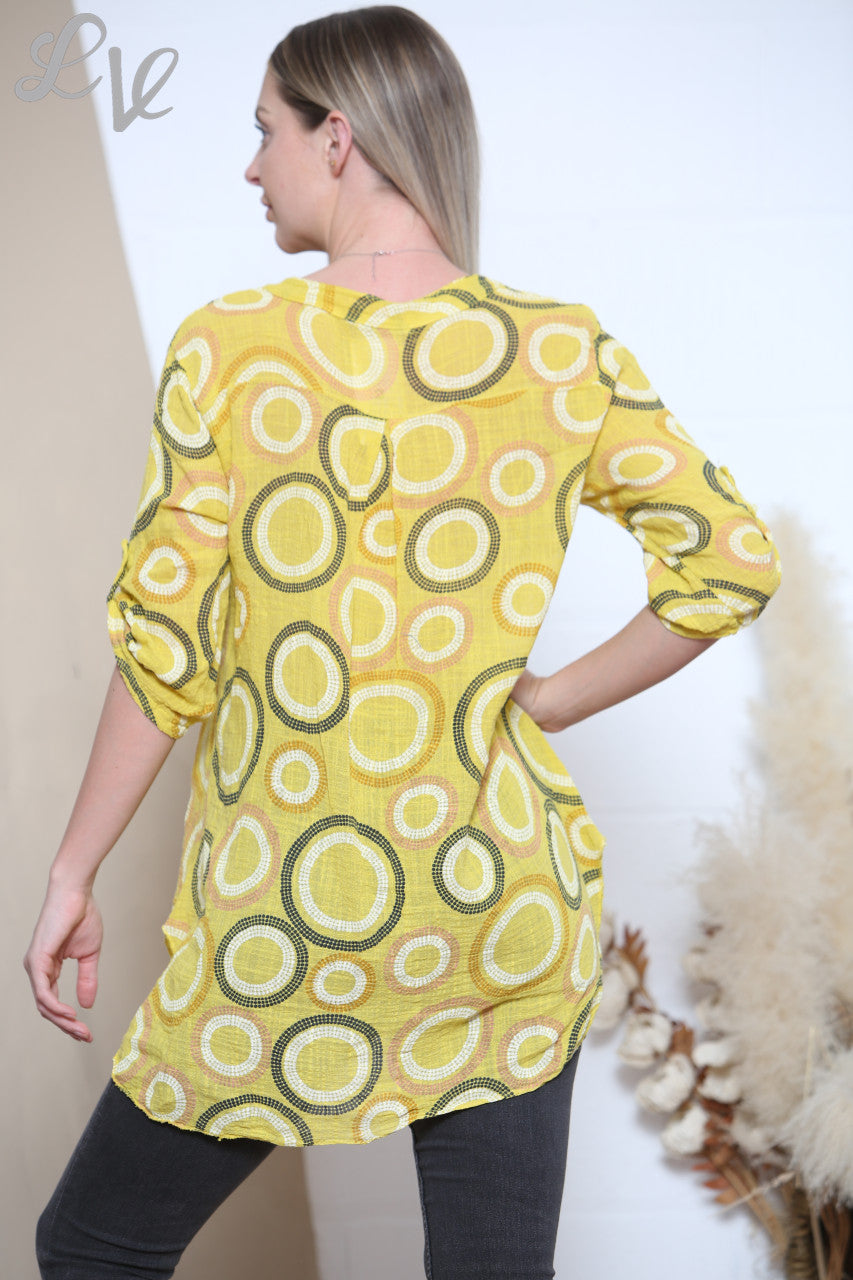 Ladies Circles Print Grandad Style Shirt Mosterd