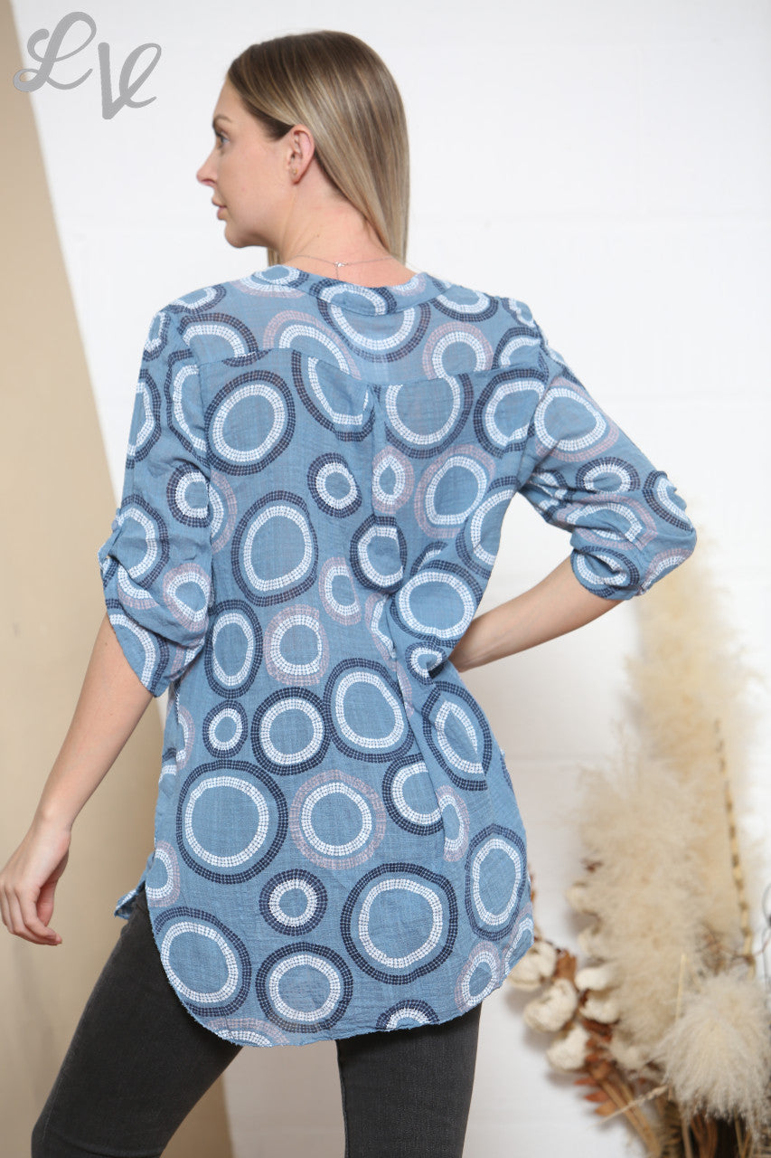 Ladies Circles Print Grandad Style Shirt Denim