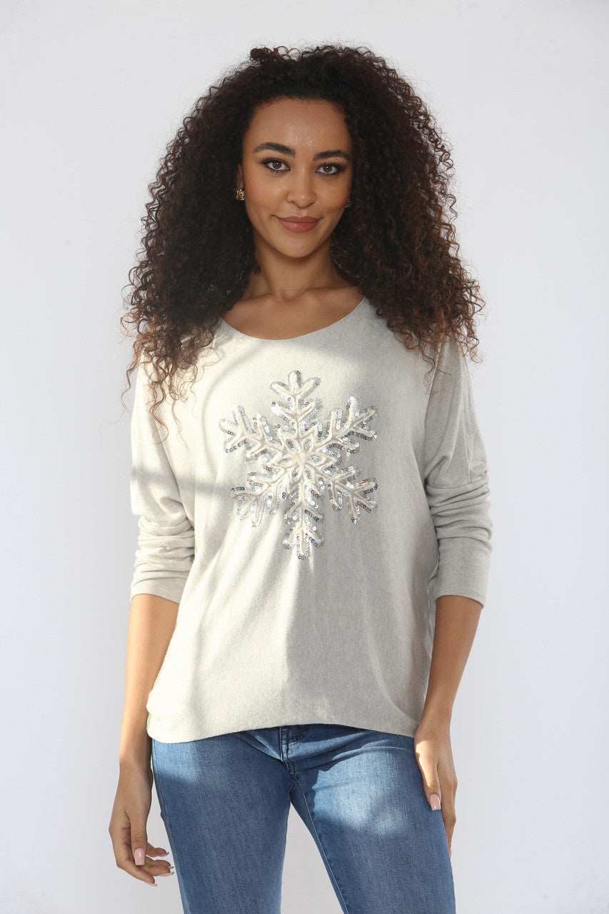 SEQUIN SNOWFLAKE SPARKLE FINE KNIT JUMPER TOP STONE