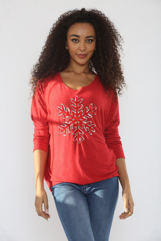 SEQUIN SNOWFLAKE SPARKLE FINE KNIT JUMPER TOP RED