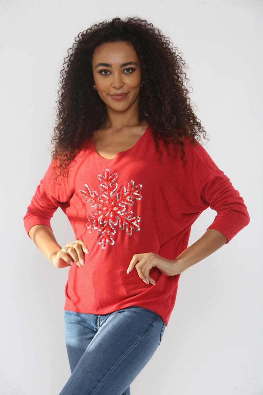 SEQUIN SNOWFLAKE SPARKLE FINE KNIT JUMPER TOP RED