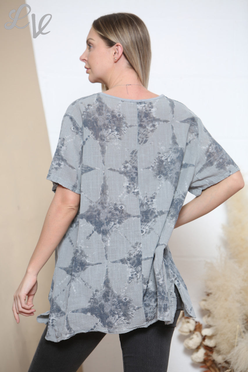 Ladies Diamond Tie Dye Print Top Grey