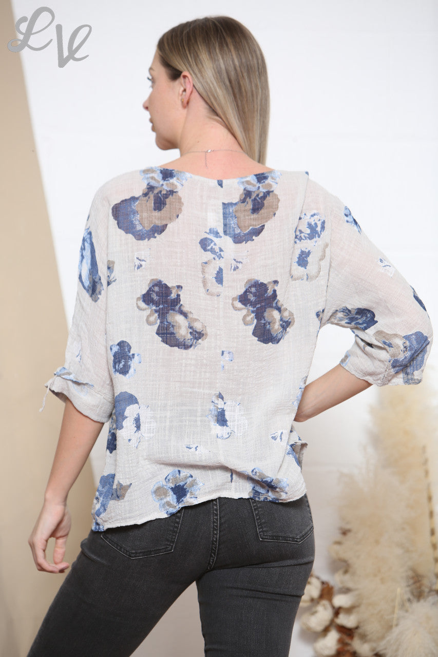 Ladies Abstract Flowers Print Top Stone