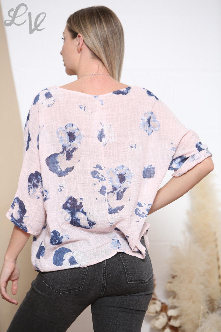 Ladies Abstract Flowers Print Top Dusty Pink