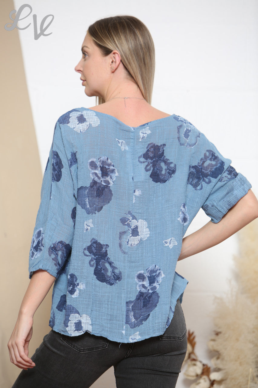 Ladies Abstract Flowers Print Top Denim